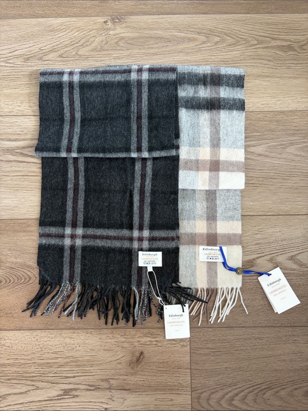 TWO Edinburgh Lambswool Plaid Scarf - Charcoal & Beige